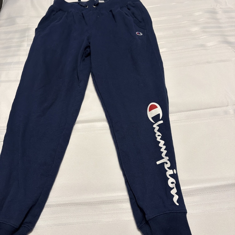 Champion Mens Navy Blue Script Logo Fleece Jogger Sweatpants Size S Small